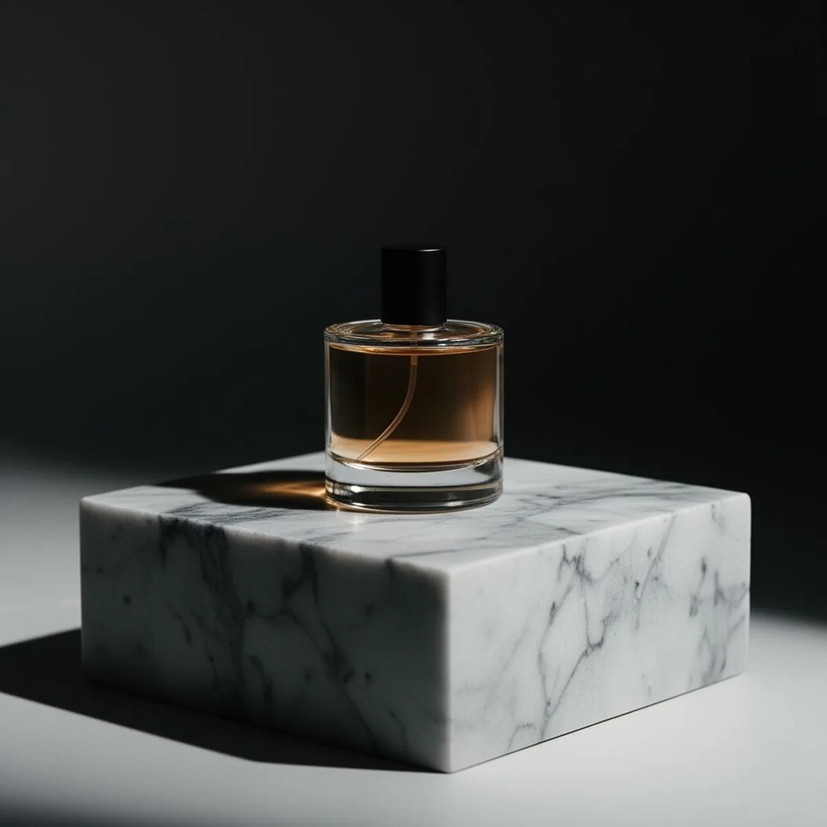 Frasco minimalista de perfume sobre pedestal de mármol en luz cinematográfica, atmósfera nicho contemporánea.